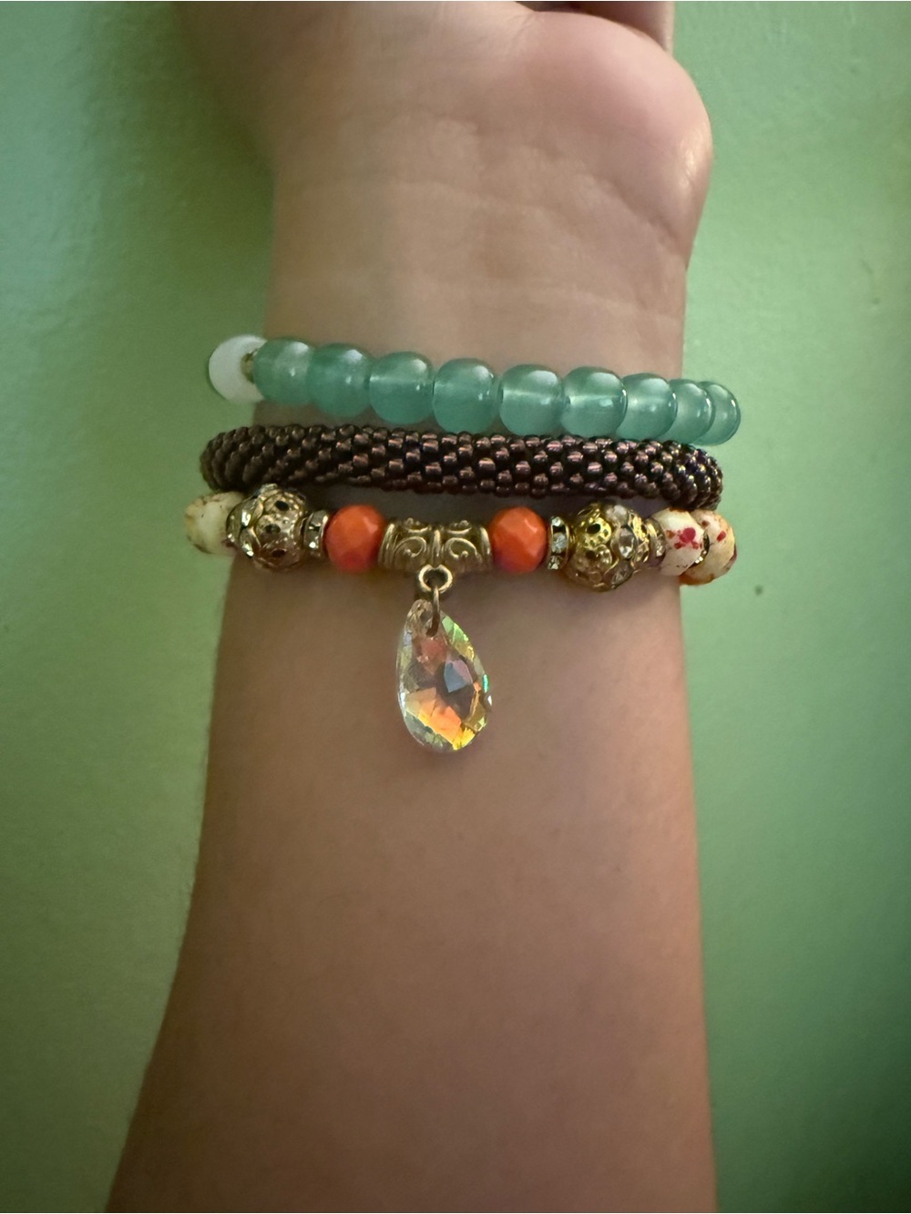 Stackable Green Bead and Charm Bracelet Set